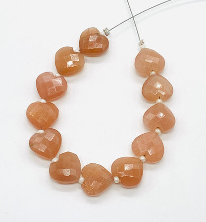12 Pieces Natural Peach Moonstone Faceted Heart Shape Gemstone, Size 10mm, Hand Carved Briolette Beads, Loose Stone For Jewelry. BBI330