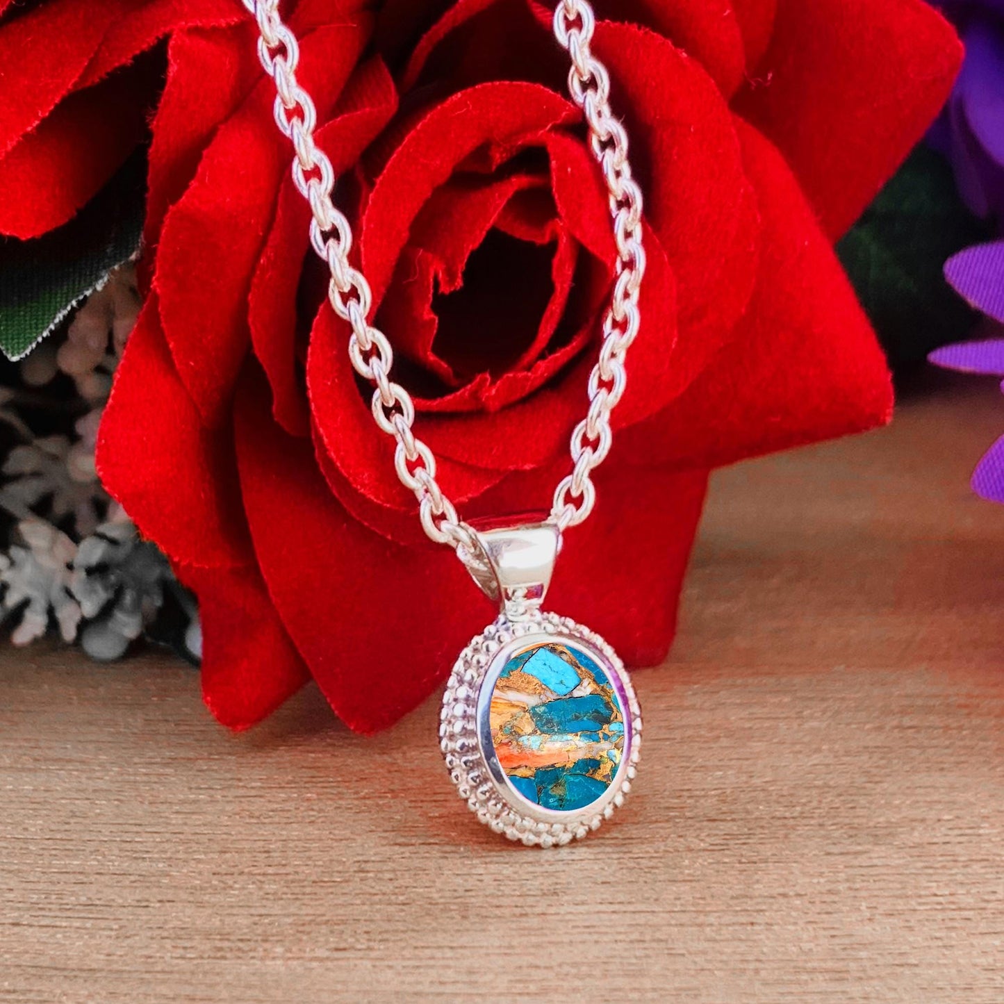 Oyster Turquoise Necklace – Dainty Silver Boho Pendant, Gift for Her