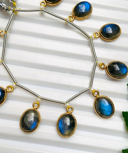 Natural Labradorite Smooth Oval Gemstone Bezel Connector - Gold Plated 10 Pcs