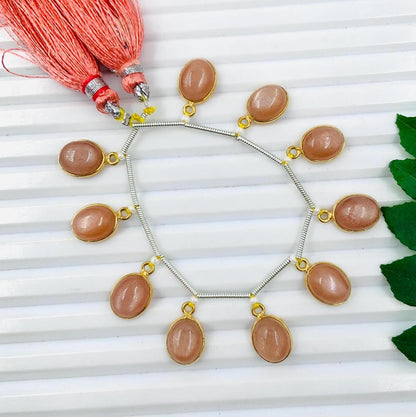 10 Pieces Natural Peach Moonstone Smooth Oval Shape Gemstone Gold Bezel Connector Jewelry Making Cabochons Semi Precious Cabochon Size 7x9mm