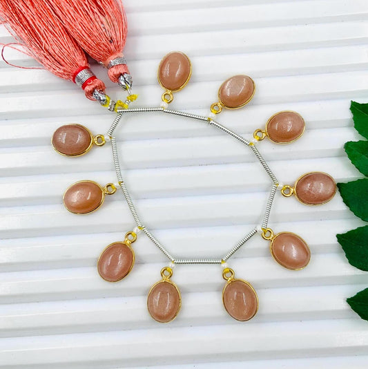 10 Pieces Natural Peach Moonstone Smooth Oval Shape Gemstone Gold Bezel Connector Jewelry Making Cabochons Semi Precious Cabochon Size 7x9mm