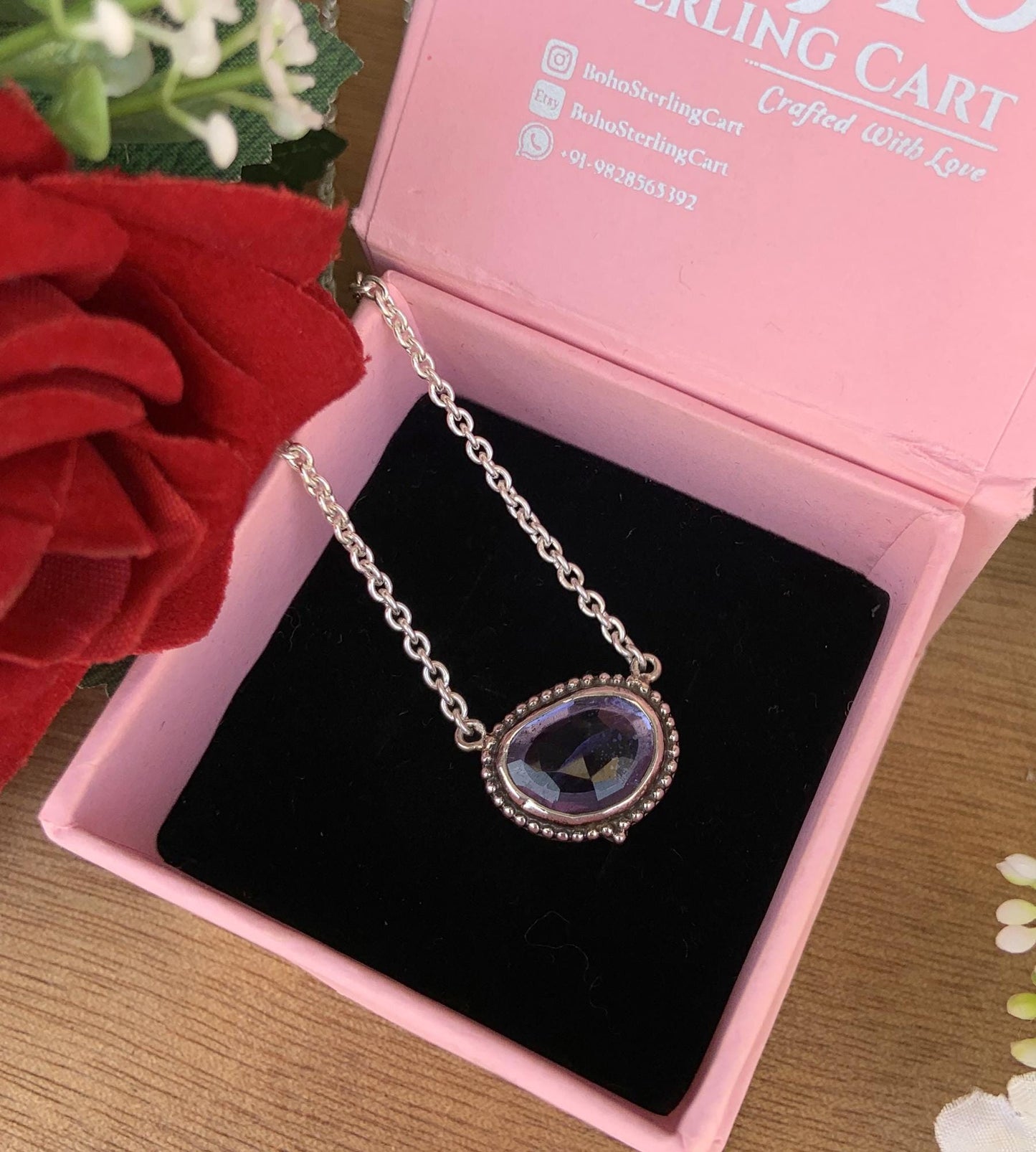 Natural Iolite Necklace – Sterling Silver & Gold Rosecut Pendant