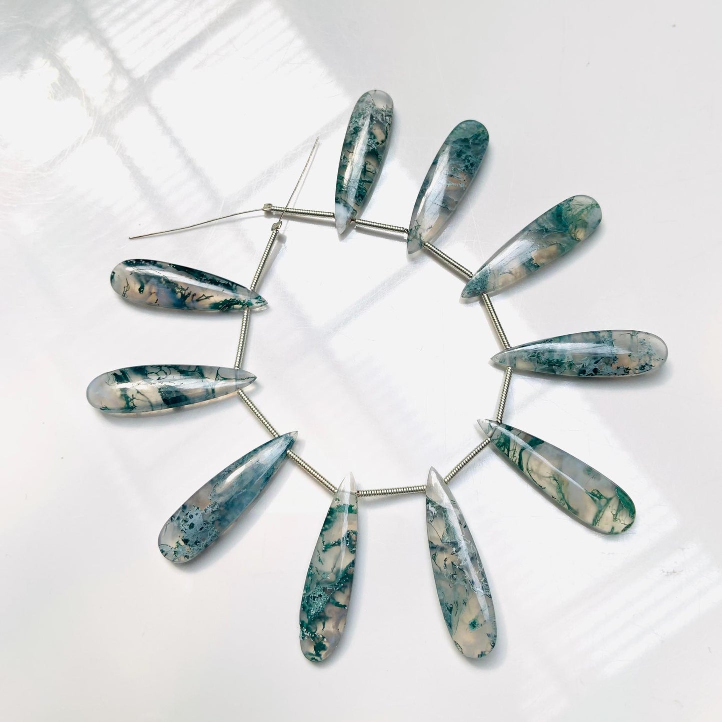 10 Pieces Natural Moss agate Smooth Long Pear Shape Side drill Gemstone, Size 8x30mm, Matching Pair Briolette, Earring Making gemstone beads