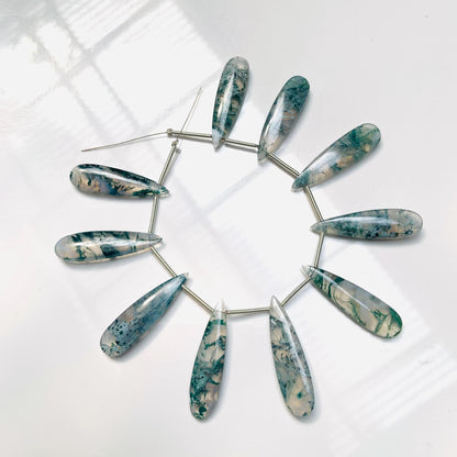 10 Pieces Natural Moss agate Smooth Long Pear Shape Side drill Gemstone, Size 8x30mm, Matching Pair Briolette, Earring Making gemstone beads