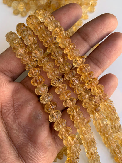 Natural Citrine Carved Melon Rondelle Beads 8 Inch Strand | Center Drill Fancy Briolette Gemstone