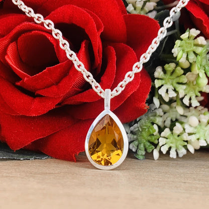 Natural Citrine 925 Silver Dainty Necklace - Pear Shape Minimalist Pendant