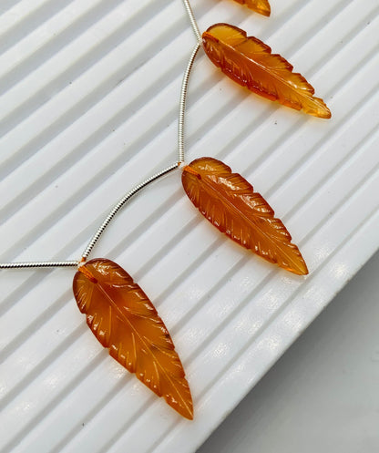 Orange Onyx 10 Pieces Leaf Shape Carved Gemstone Beads 30x10x4mm