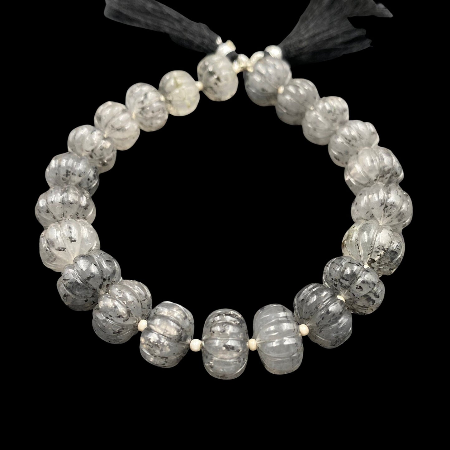 23 pcs Natural Black Dot Quartz Carved Melon Shape Rondelle Beads , Center drill gemstone Carved Melon Beads ,Melon Rondelle Fancy briolette