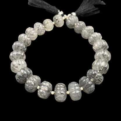 23 pcs Natural Black Dot Quartz Carved Melon Shape Rondelle Beads , Center drill gemstone Carved Melon Beads ,Melon Rondelle Fancy briolette