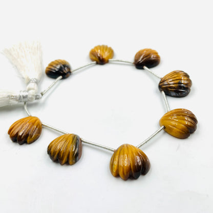 8 pcs Natural Tiger Eye Carved Fan shape Gemstone Briolette Side Drill Beads | Beads For Jewelry | Wholesale Gemstone beads BBI857