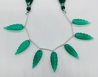 Green Onyx 7 Pieces Leaf Shape Carved Gemstone Beads 30x10x4mm