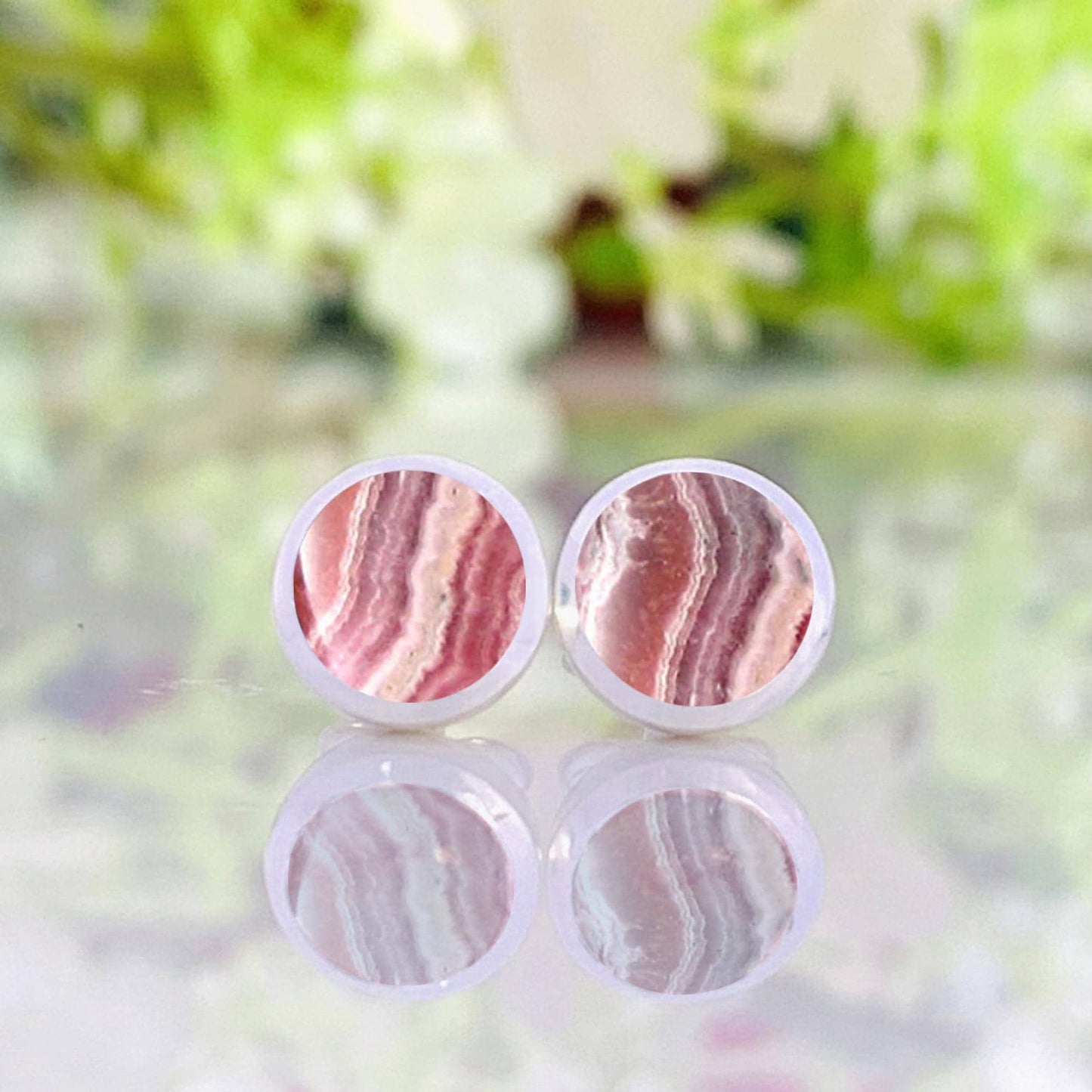 Rhodochrosite Stud Earrings ~ Pink Gemstone Earrings for Women ~ Sterling Silver Minimalist Studs ~ Natural Crystal Jewelry Gift