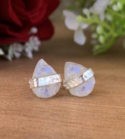 Raw Moonstone Silver Stud Earrings | Minimal Pear Shape Stone | Gift for Her
