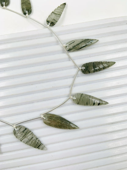 10 Pcs Natural Green rutile Leaf Shape Carved Gemstone Beads Briolette, Green rutile Gemstone for Jewelry Making Size 30x10x4mm gift for her