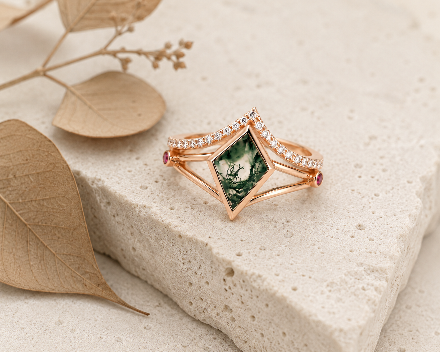 Lab Grown Moss Agate Ring with CZ Accents, Kite Shape Engagement Ring Set in 14K Gold