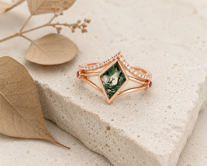 Lab Grown Moss Agate Ring with CZ Accents, Kite Shape Engagement Ring Set in 14K Gold