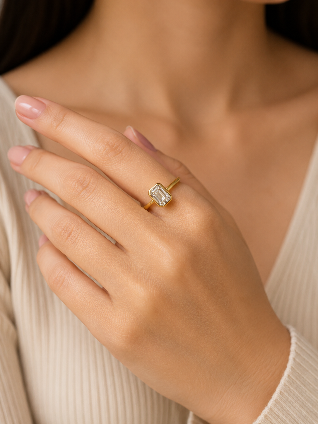 Octagon Cut Moissanite Bezel Ring – Solid Gold Solitaire Engagement Ring 9K 14K 18K – Step Cut Wedding Ring