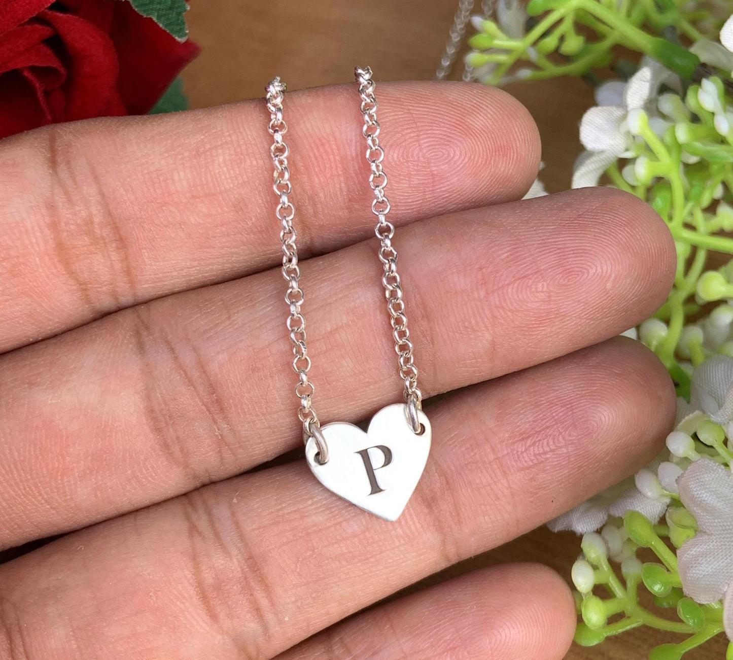 Silver Initial Necklace with Heart Pendant – Personalized Letter, Gold & Rose Gold, Gift for Her