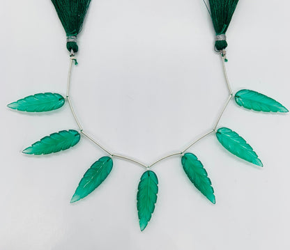 Green Onyx 7 Pieces Leaf Shape Carved Gemstone Beads 30x10x4mm