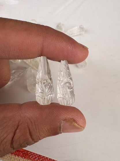 1 Pair Natural Crystal Quartz Hand Carved Drop Shape Briolette Beads, Handmade Matching Pair beads, Earring Making Gemstone Size - 9x26mm