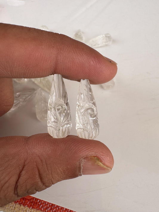 1 Pair Natural Crystal Quartz Hand Carved Drop Shape Briolette Beads, Handmade Matching Pair beads, Earring Making Gemstone Size - 9x26mm