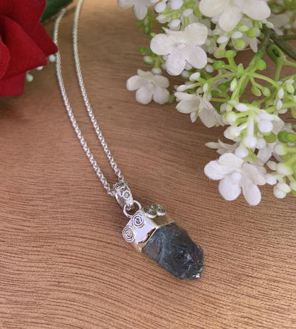 Raw Moss Aquamarine Solitaire Silver Necklace - Birthstone Boho Pendant Gift