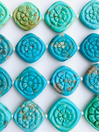 4 Pcs Arizona Turquoise Carved Flower Briolette Beads 17x17mm | Fancy Gemstone Beads