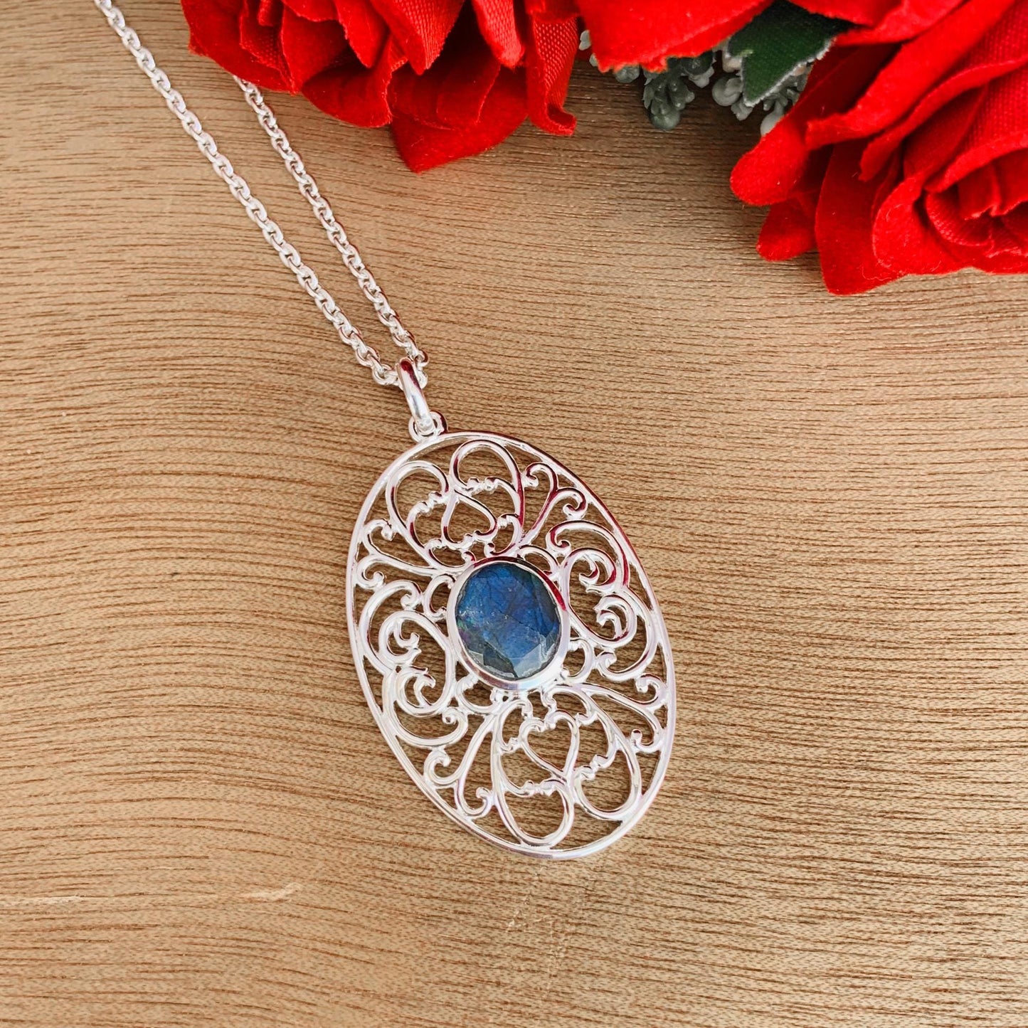 Ornate Silver Pendant ~ Natural Labradorite Necklace ~ Filigree Silver Jewelry ~ Birthday Gift For Mom ~ Promise Necklaces ~ P-0018