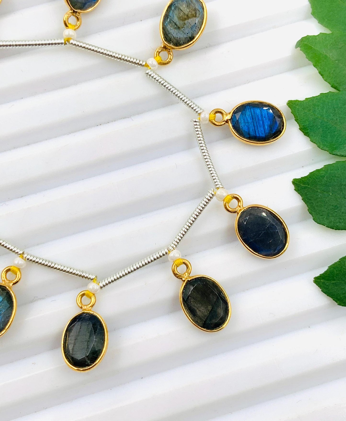 10 Labradorite Gold Bezel Connectors, Oval Gemstone Charms (6x8mm)
