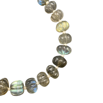 Natural Labradorite Melon Shape Beads – Blue Flash Faceted Carved Briolette Center Drill