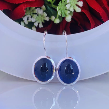 Natural Iolite Earrings ~ Dangling Silver Earrings ~ Oval Shape Blue Stone ~ Cold Tone Earrings ~ Available in 18kGold Finish ~ E-0022