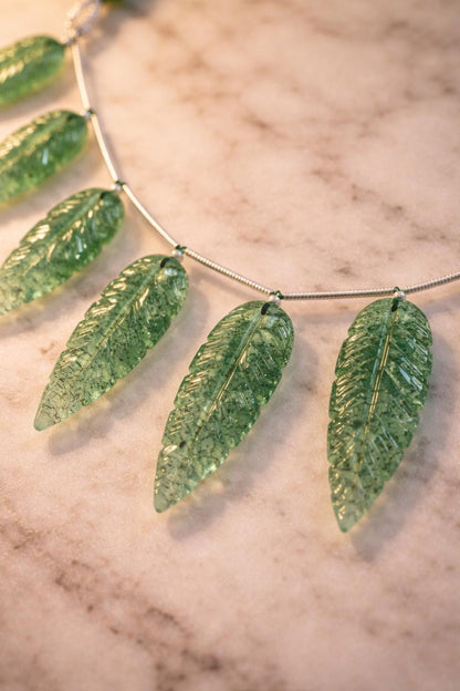 10 Pieces Natural Green Strawberry Leaf Shape Carved Gemstone Beads Briolette, Green Strawberry Gemstone for Jewelry Making Size 30x10x4mm