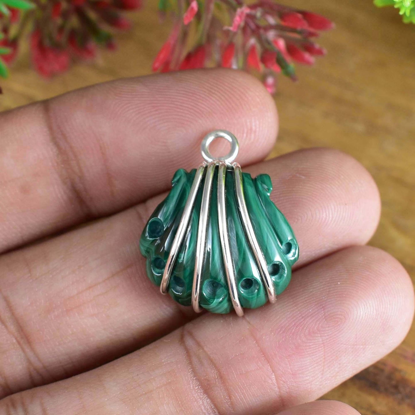 Scallop Shell Malachite Pendant, Sterling Silver Pendant, Shell Pendant Jewelry Natural Malachite Pendant Unique Art Jewelry for Gift P-0001