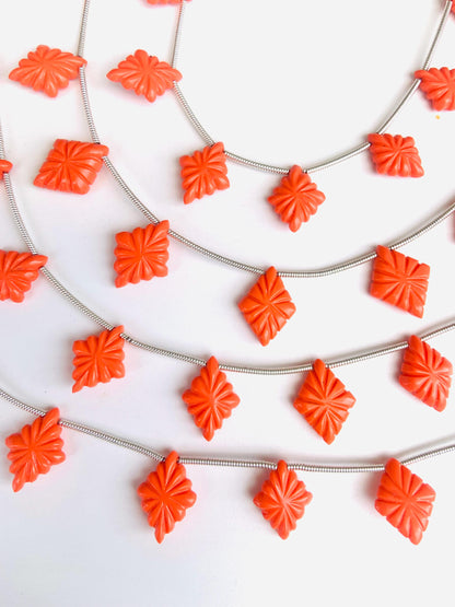 Red Coral Slot Carved Fancy Lozenge Briolette Beads