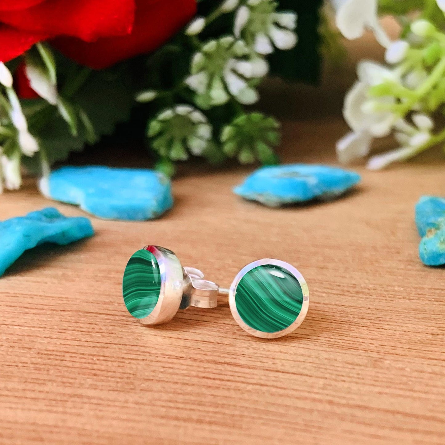Natural Malachite Dainty Studs Earring ~ Silver & Gold Silver Studs ~ Simple small studs ~ Round Shape Green Stone ~ Gift For Her ~ E-0032