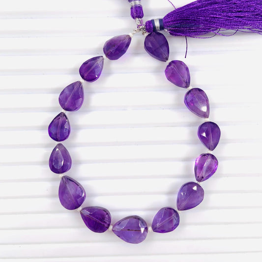Natural Amethyst Faceted Pear Cut Gemstone Beads 8" Strand