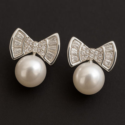 Pearl Bow Stud Earrings | Cubic Zirconia Bow Pearl Earrings | Sparkling CZ Ribbon & Round Pearl Earrings  | Soft and everyday pearl jewelry.