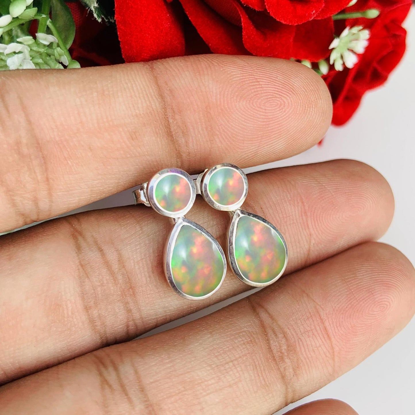 Dainty Opal Studs ~ Deliciated Silver Jewelry ~ Minimalist Fashion Earrings For Her ~ October Birthstone Jewelry ~ Gift For Mom ~ E-0080