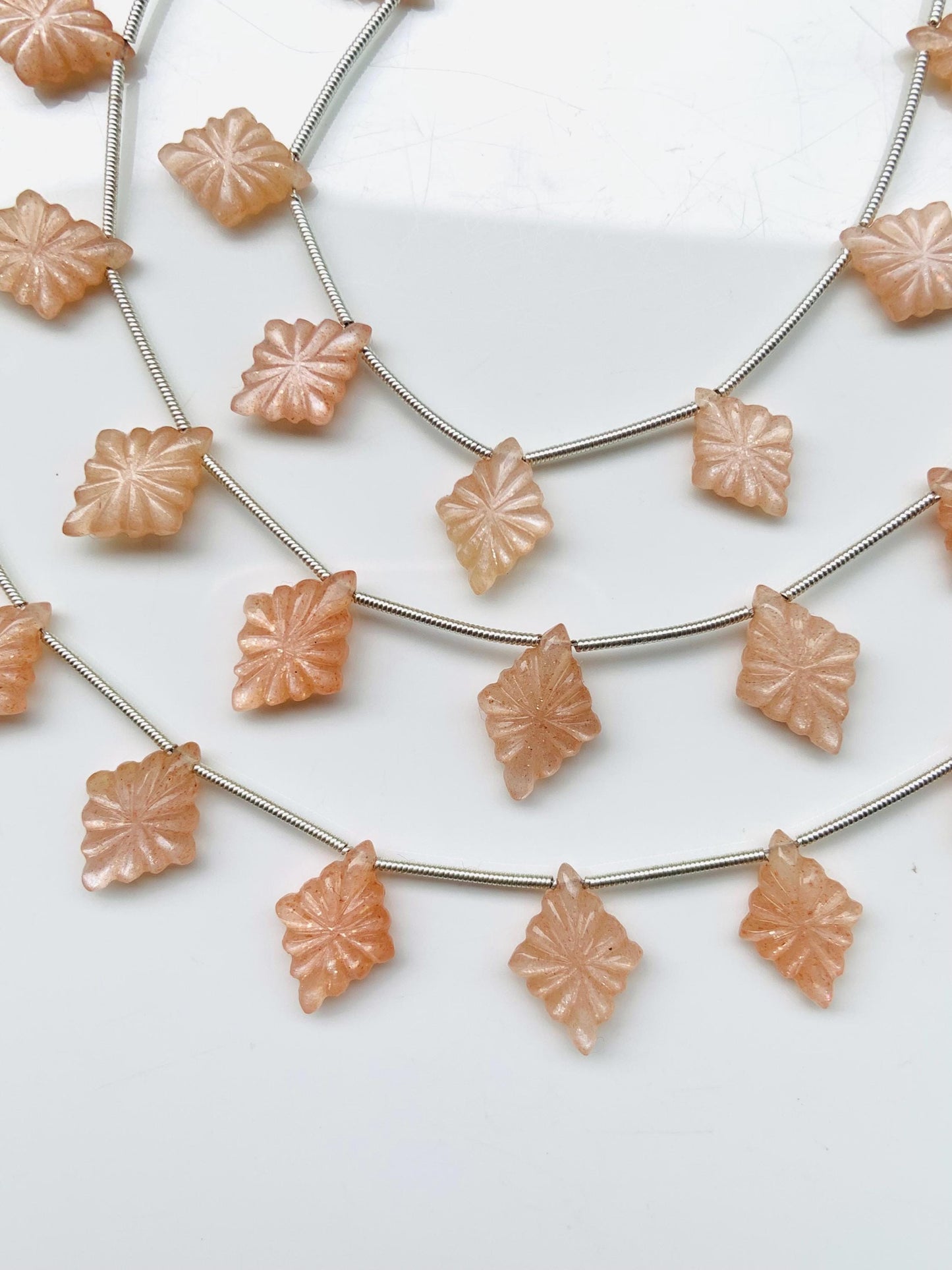 10 Pcs Natural Peach Moonstone Slot Carved Side drill gemstone Fancy shape Briolette lozenge beads for jewelry Size 11x15x4mm gift for her