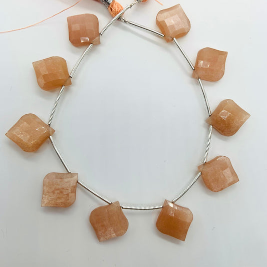 10 Pieces Natural Peach Moonstone Carved Fancy Cut Shape Gemstone Briolette Side Drill Beads Line | Faceted Gemstone Beads. BBI957
