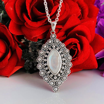 Rainbow moonstone Boho Silver Jewelry ~ Handmade Designer Jewelry ~ Ornate Style Silver Pendant ~ Gift For Her ~ P-0021