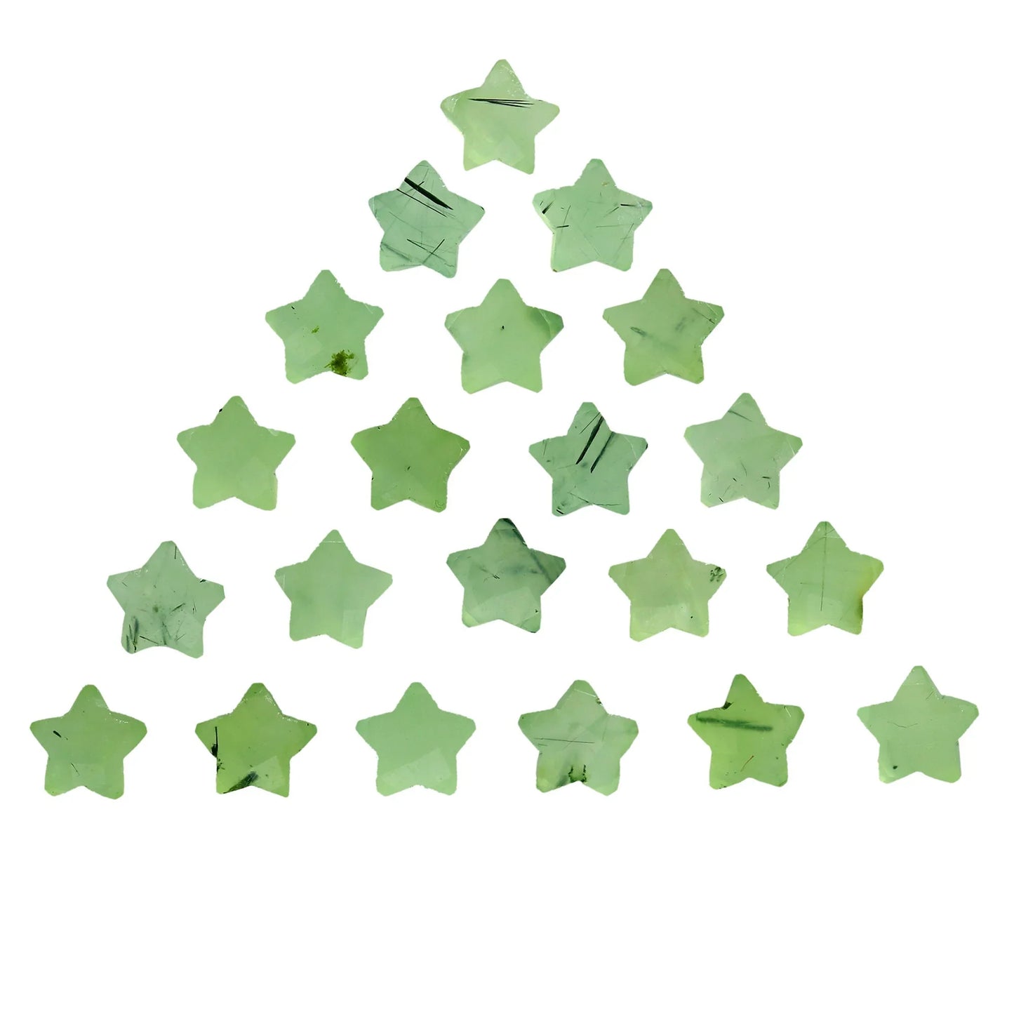 Green prehnite star beads arranged in a triangle on a white background