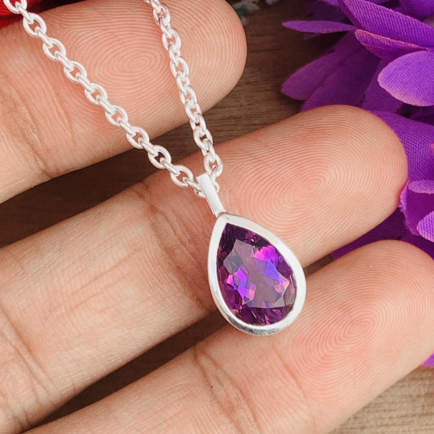 Pear Amethyst 925 Sterling Silver Necklace Gold Finish