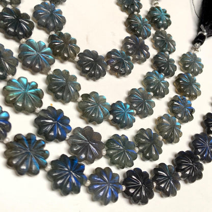 Natural Labradorite Flower Beads 10 Pcs - Blue Flash Carved Gemstone Briolette