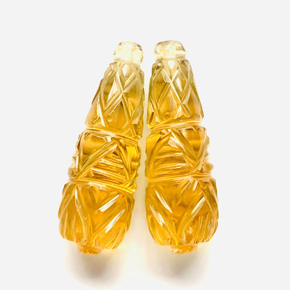 1 Pair Natural Citrine Hand Carved Drop Shape Briolette Beads, Handmade Matching Pair beads, Earring Making Gemstone Size - 26X9mm