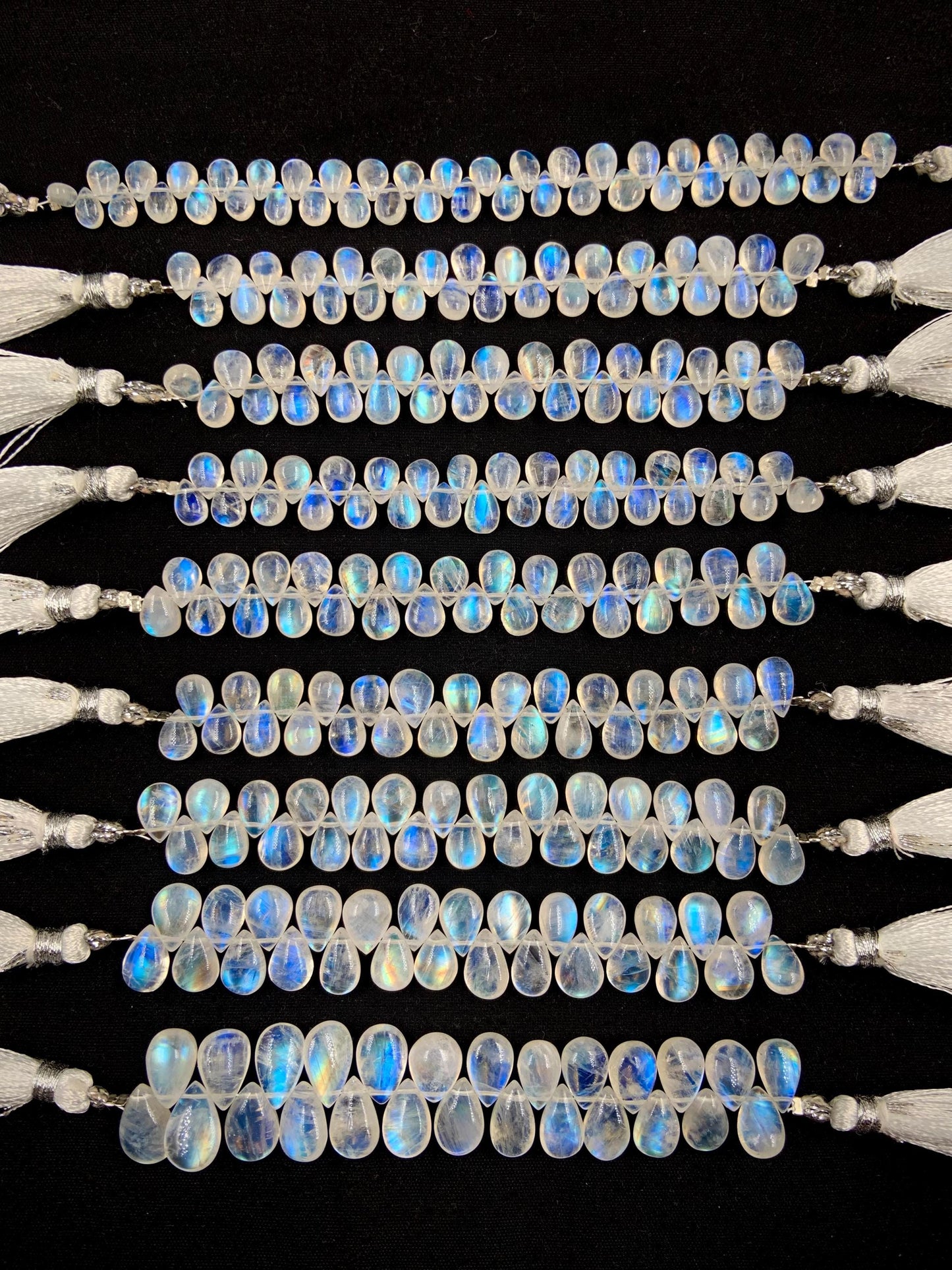Natural White rainbow Moonstone Smooth Pear Shape Gemstone Briolette Side drill beads Blue flashy Moonstone beads Earring Making for jewelry