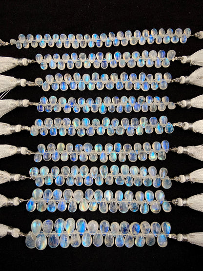 Natural White rainbow Moonstone Smooth Pear Shape Gemstone Briolette Side drill beads Blue flashy Moonstone beads Earring Making for jewelry