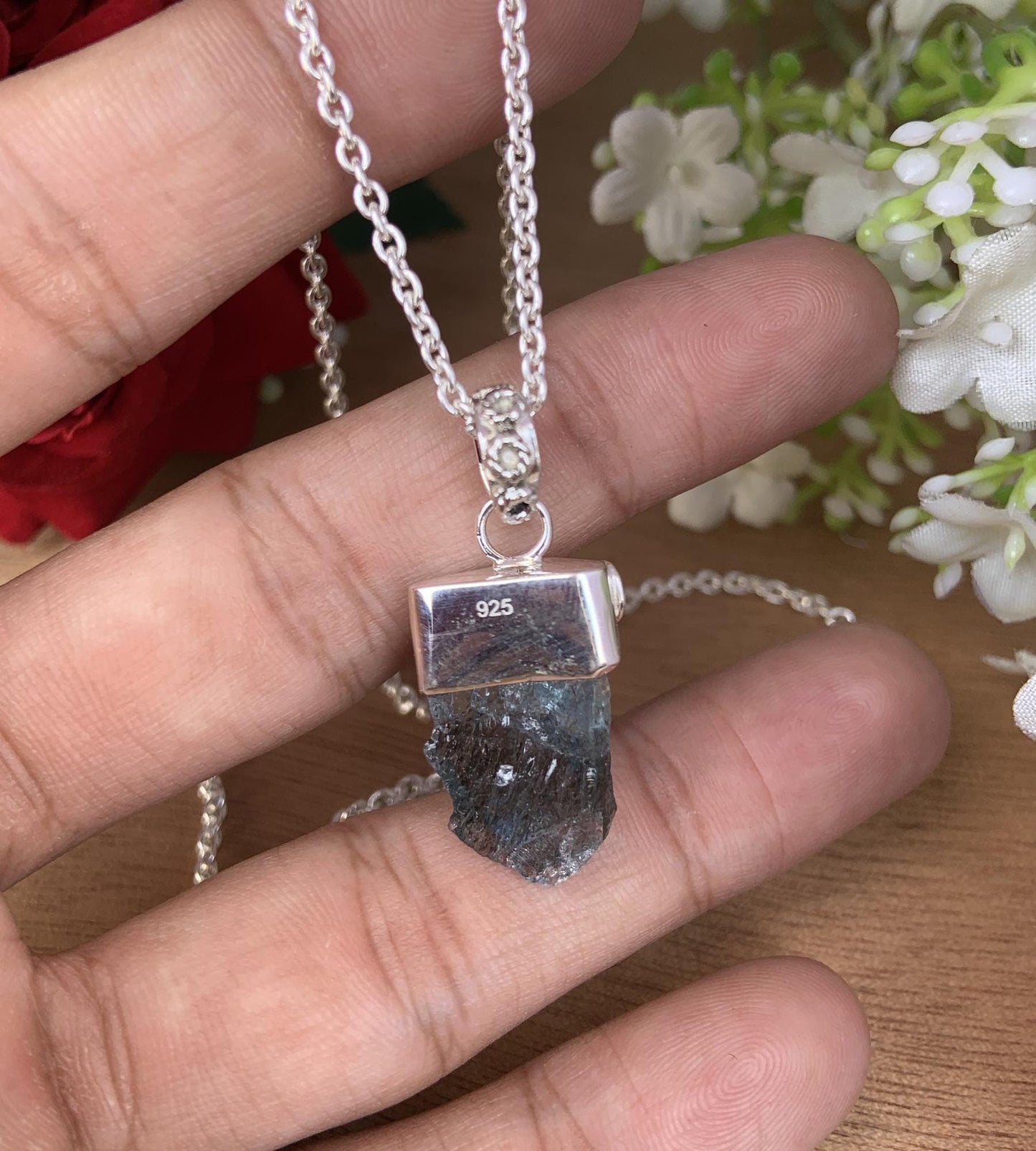 Raw Moss Aquamarine Solitaire Silver Necklace - Birthstone Boho Pendant Gift