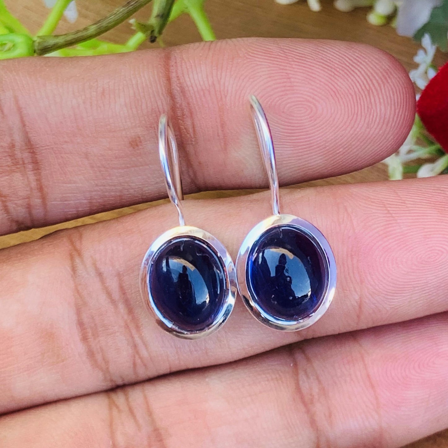 Natural Iolite Earrings ~ Dangling Silver Earrings ~ Oval Shape Blue Stone ~ Cold Tone Earrings ~ Available in 18kGold Finish ~ E-0022