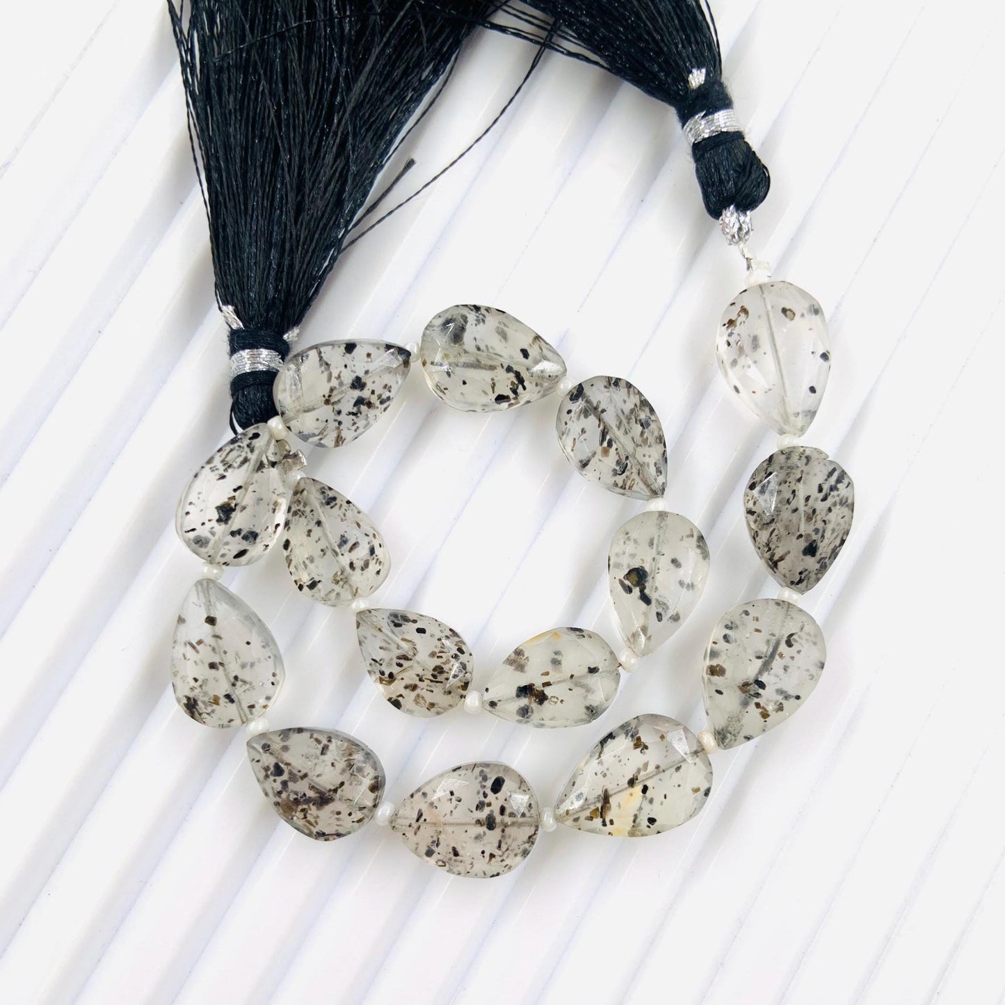 15 Pieces Natural Black Dot Quartz faceted Pear Drop Center Drill Briolette Gemstone, Pear Drop beads for Jewelry, 8 Inch Strand Size 9x12mm